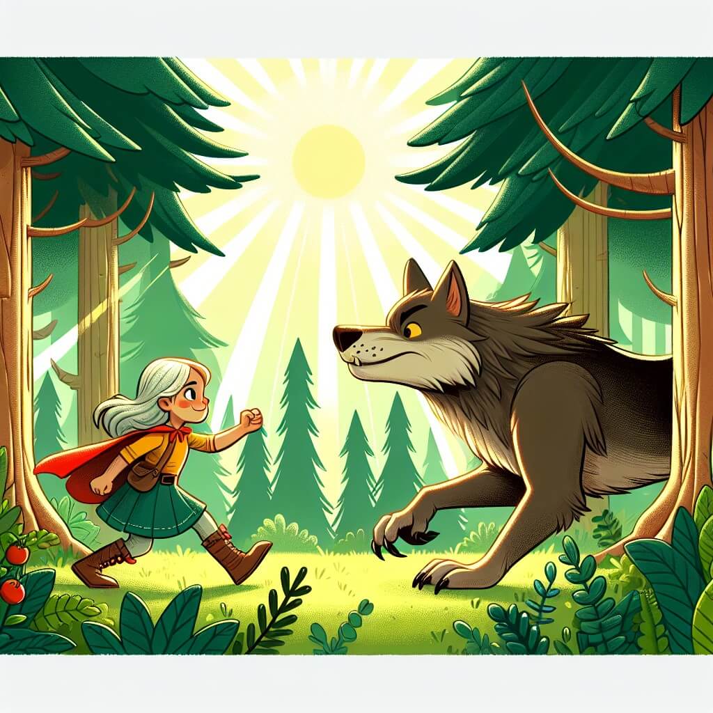Une illustration destinée aux enfants représentant une jeune fille intrépide, accompagnée d'un adorable loup, défiant un grand méchant loup dans une forêt dense, où les arbres majestueux se dressent fièrement et les rayons de soleil filtrent à travers les feuillages verdoyants.