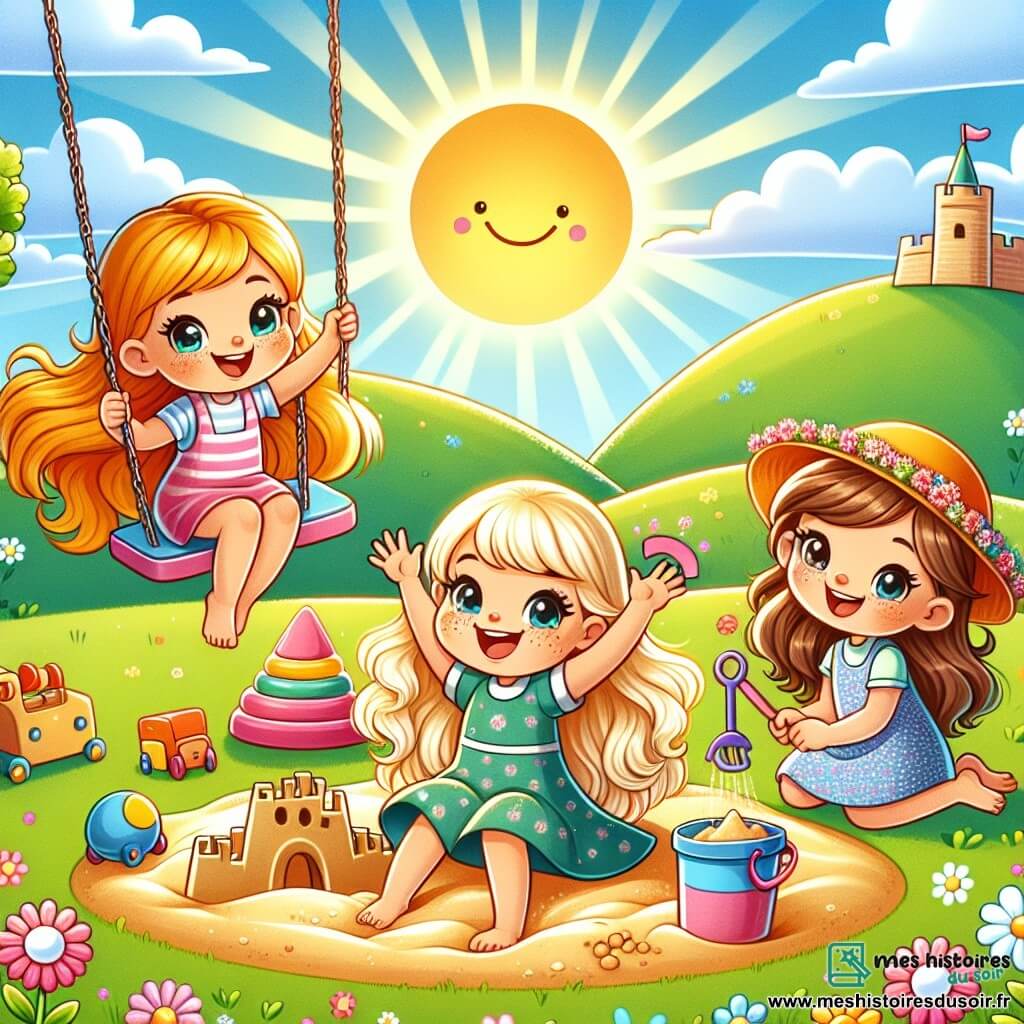 Illustration destinée aux enfants représentant un parc ensoleillé, rempli de collines verdoyantes et de fleurs colorées, où trois enfants de trois ans jouent joyeusement. Au centre, un groupe de filles, l'une avec de longs cheveux blonds brillants, souriante sur une balançoire, une autre avec des taches de rousseur et des yeux pétillants, levant les bras en l'air, et la dernière portant un chapeau fleuri, assise à côté d'un château de sable qu'elles ont construit ensemble. La scène montre l'amitié et la coopération, avec des jouets éparpillés autour d'elles, des rires éclatants et un ciel bleu parsemé de nuages blancs, créant une atmosphère joyeuse et chaleureuse.