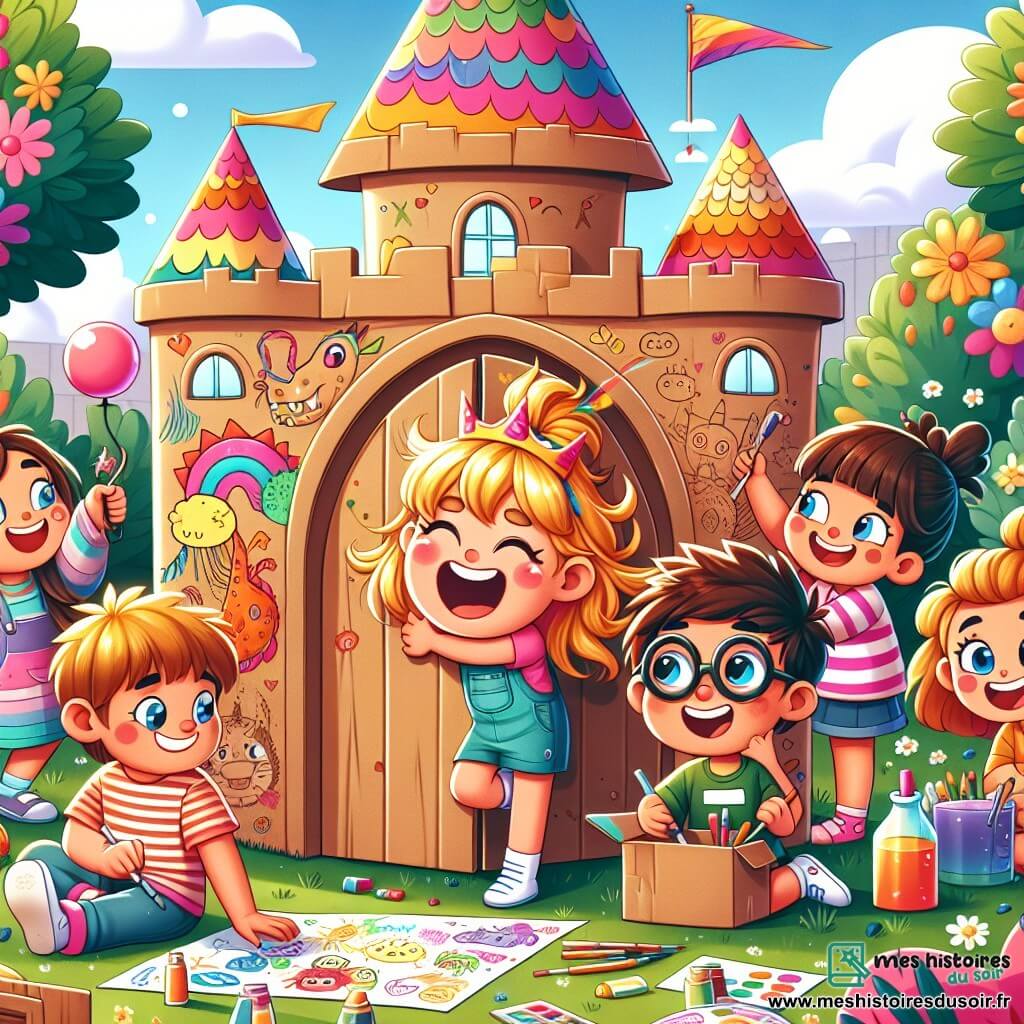 Une illustration sous forme de dessin destinée aux enfants représentant un jardin coloré avec un grand château en cartons décoré de dessins d’enfants, où une fille de 7 ans aux cheveux dorés et aux yeux pétillants rit en tenant un carton en forme de porte, entourée de ses amis : un garçon aux lunettes rondes qui fait des grimaces, une fille aux cheveux bruns qui peint des visages de dragons sur des jouets, un garçon rêveur avec un t-shirt à rayures qui brandit un drapeau fait d’un vieux torchon, et une fille aux lunettes qui prépare des potions colorées, tous riant et s’amusant ensemble dans une ambiance joyeuse et ludique.