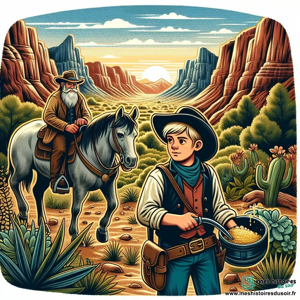 Une illustration destinée aux enfants représentant un jeune cow-boy courageux, accompagné de son fidèle cheval, explorant les vastes plaines sauvages de l'Ouest américain, à la recherche d'une mine d'or légendaire, sous le regard bienveillant d'un vieux chercheur d'or barbu, dans un décor de canyons escarpés et de montagnes majestueuses baignées par la lumière dorée du soleil couchant.