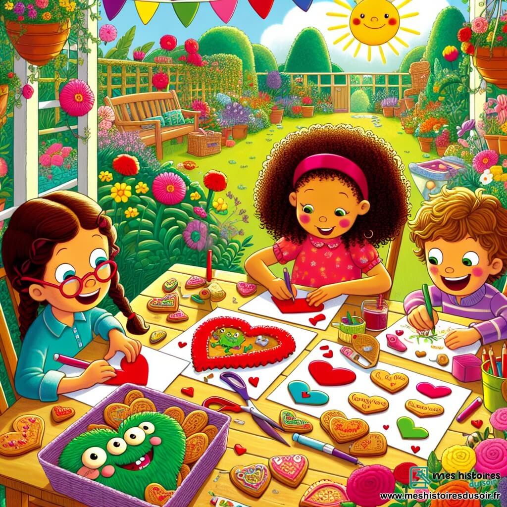 Illustration destinée aux enfants représentant un jardin ensoleillé, rempli de fleurs colorées et de verdure luxuriante, où un groupe de trois enfants de 7 ans, deux filles et un garçon, s'affairent joyeusement autour d'une grande table en bois. La première fille, avec des cheveux bouclés et des lunettes rondes, découpe des cœurs en papier rouge, tandis que la seconde, avec de longues tresses et un sourire éclatant, écrit des messages drôles sur des cartes. Le garçon, aux cheveux châtains et aux yeux pétillants, dessine un monstre vert rigolo sur un grand cœur. En arrière-plan, des biscuits en forme de cœur, décorés de glaçage coloré, sont disposés sur la table, et des éclats de rire résonnent dans l'air, créant une atmosphère de camaraderie et de créativité.