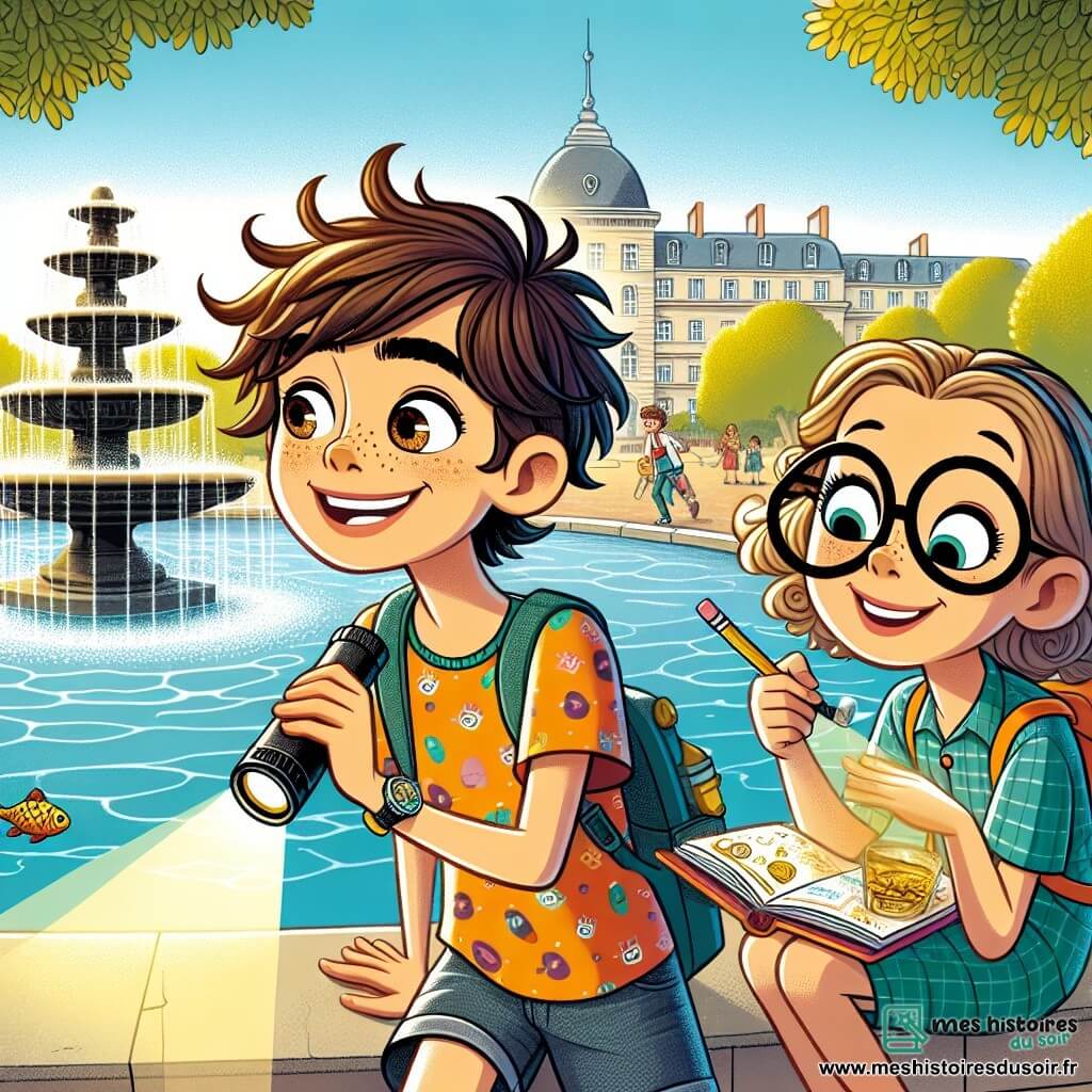 Une illustration sous forme de dessin destinée aux enfants représentant un parc ensoleillé de Verdigny, avec une grande fontaine au centre, où un garçon de 11 ans aux cheveux en désordre et aux yeux pétillants, vêtu d'un t-shirt coloré et d'un short, observe attentivement l'eau, tenant une lampe de poche dans une main et un carnet dans l'autre, tandis qu'à ses côtés, une fille de son âge, avec des lunettes rondes et un sourire contagieux, prend des notes avec un crayon, tous deux concentrés sur la recherche d'un poisson d'or mystérieusement disparu, entourés d'une ambiance d'excitation et de curiosité.