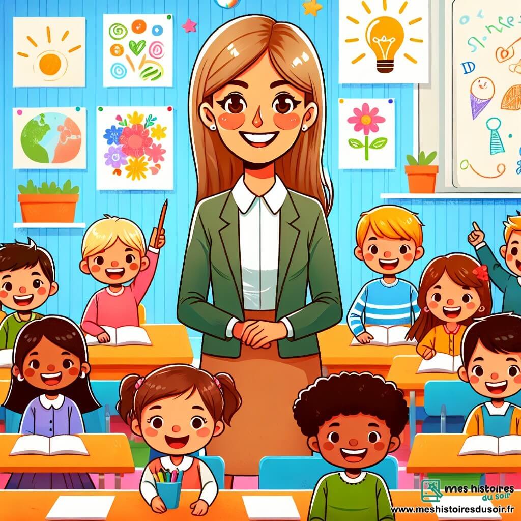 Une illustration destinée aux enfants représentant une institutrice joyeuse et bienveillante, entourée d'enfants enthousiastes, dans une classe lumineuse et colorée décorée de dessins et de posters inspirants.