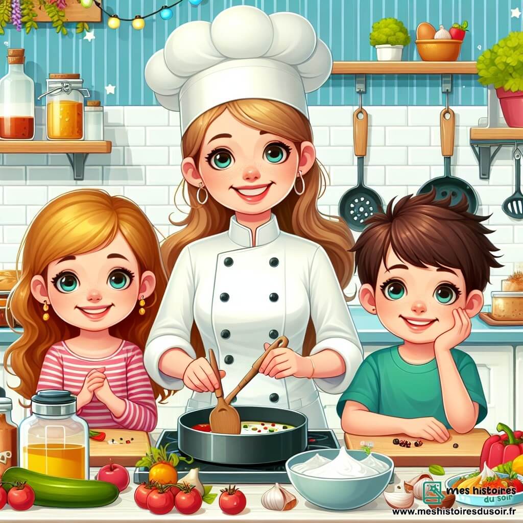 Une illustration destinée aux enfants représentant une talentueuse chef cuisinier, une petite fille et un garçon, dans une cuisine colorée et chaleureuse remplie d'ustensiles et d'ingrédients.