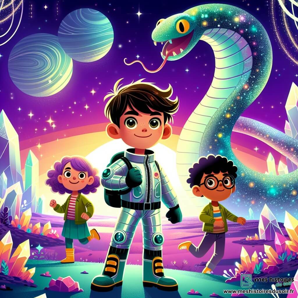 Une illustration sous forme de dessin destinée aux enfants représentant une planète extraterrestre aux paysages colorés, avec des forêts de cristaux scintillants et un ciel violet, où un jeune garçon aux cheveux ébouriffés et aux yeux pétillants, vêtu d'une combinaison spatiale brillante, se tient courageusement devant une immense créature serpentiforme aux écailles lumineuses, tandis que deux amis, une fille pétillante aux cheveux bouclés et un garçon calme avec des lunettes, l'observent avec émerveillement, illustrant leur découverte d'une nouvelle forme de vie et leur quête pour rétablir l'harmonie de la planète.