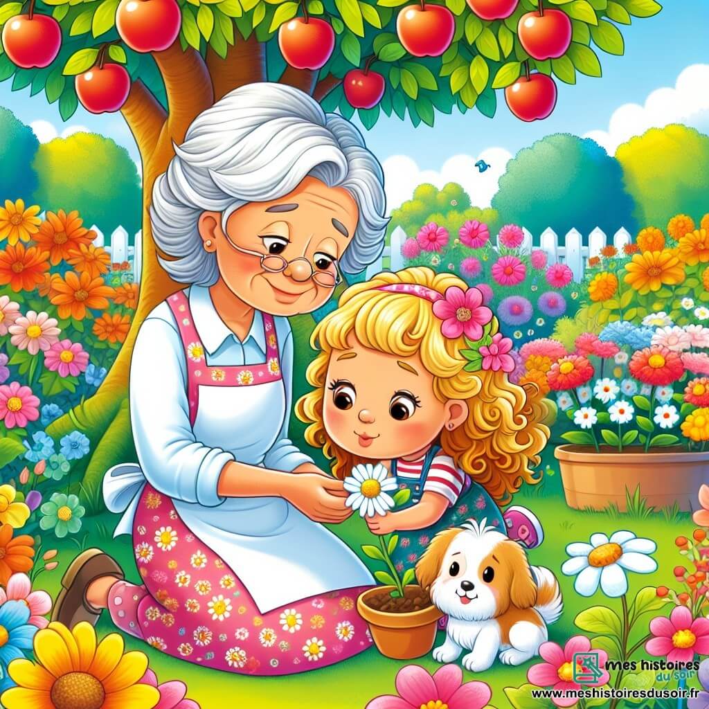 Une illustration sous forme de dessin destinée aux enfants représentant un jardin coloré et ensoleillé, avec des fleurs éclatantes et un grand pommier, où une petite fille de 5 ans aux cheveux bouclés et dorés, vêtue d'une robe à fleurs, s'agenouille avec tendresse près d'une marguerite blanche, tandis qu'une vieille dame aux cheveux argentés, souriante et vêtue d'un tablier, l'observe avec bienveillance, illustrant un moment de partage et d'amour dans le jardin, alors qu'elles prennent soin des plantes et se remémorent les souvenirs d'un petit chien disparu.