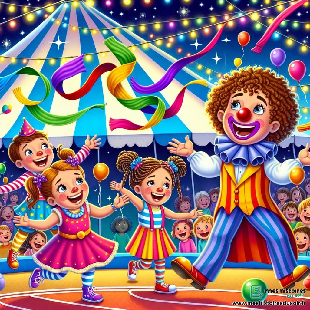 Une illustration sous forme de dessin destinée aux enfants représentant un cirque coloré avec des tentes rayées et des lumières scintillantes, où un groupe de quatre enfants de 7 ans, deux garçons aux cheveux bouclés et une fille avec des tresses, s'amusent sur une piste de cirque en train de jongler avec des foulards colorés, tandis qu'un clown joyeux avec un nez rouge et un costume multicolore les encourage en riant, créant une atmosphère de joie et de magie, entourée de ballons flottants et de spectateurs émerveillés.