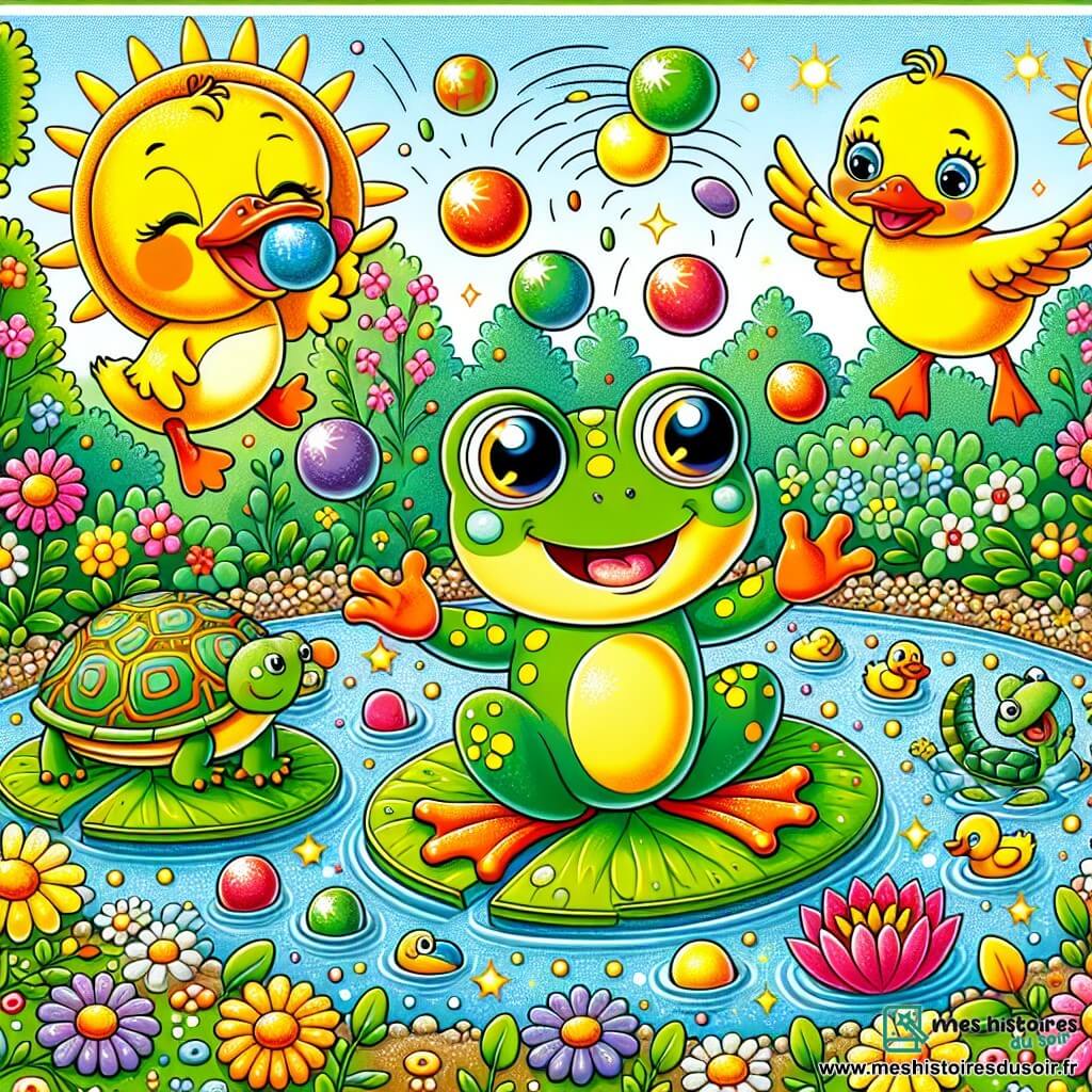 Une illustration sous forme de dessin destinée aux enfants représentant un jardin coloré et ensoleillé, avec une grenouille verte aux grands yeux ronds et aux taches jaunes, sautant joyeusement sur un nénuphar, tandis qu'un canard aux plumes brillantes et une tortue au sourire amical jonglent avec des pierres brillantes, le tout entouré de fleurs éclatantes et de petits poissons colorés dans une mare scintillante, illustrant une chasse au trésor amusante et pleine de rires entre amis.
