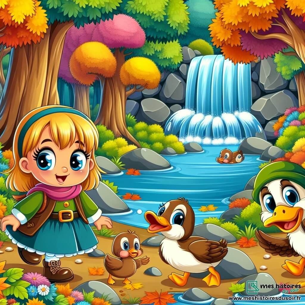 Une illustration destinée aux enfants représentant une fille curieuse découvrant les trésors de l'automne dans une forêt colorée, accompagnée d'une famille de canards joueurs, près d'une cascade cachée parmi les rochers.