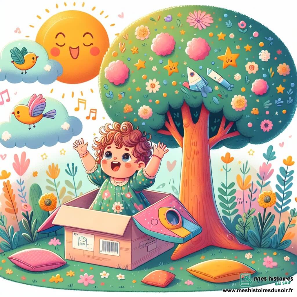 Une illustration sous forme de dessin destinée aux enfants représentant un jardin ensoleillé avec un grand arbre au centre, où une petite fille de 1 an aux cheveux bouclés et aux yeux pétillants, vêtue d'une robe colorée, est assise dans un vaisseau fait de coussins et d'une boîte en carton, levant les bras avec un grand sourire, tandis qu'un nuage doux et moelleux flotte au-dessus d'elle, et des oiseaux colorés chantent joyeusement autour, créant une atmosphère magique d'aventure et d'imagination.