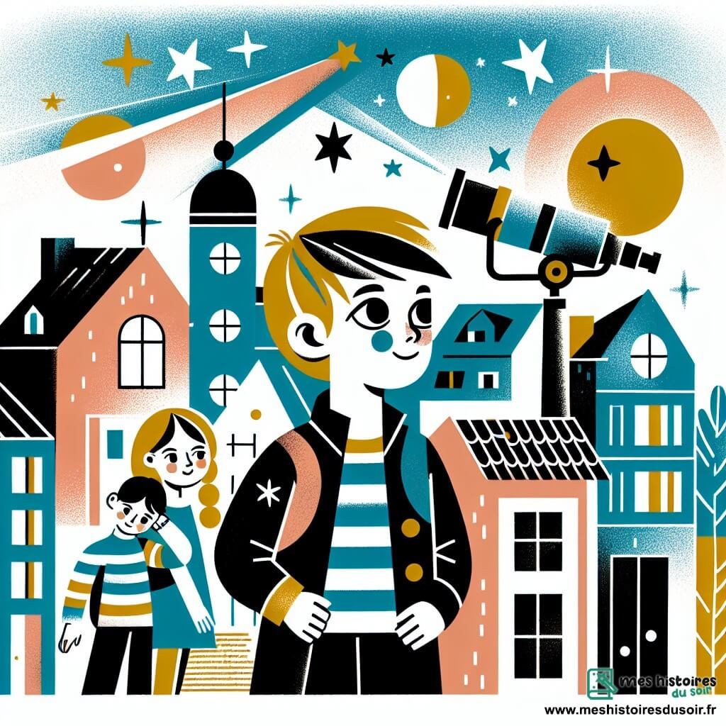Une illustration destinée aux enfants représentant un jeune garçon passionné par l'espace, accompagné de ses amis, une fille et un garçon, observant les étoiles depuis une petite ville aux maisons colorées et aux rues pavées.