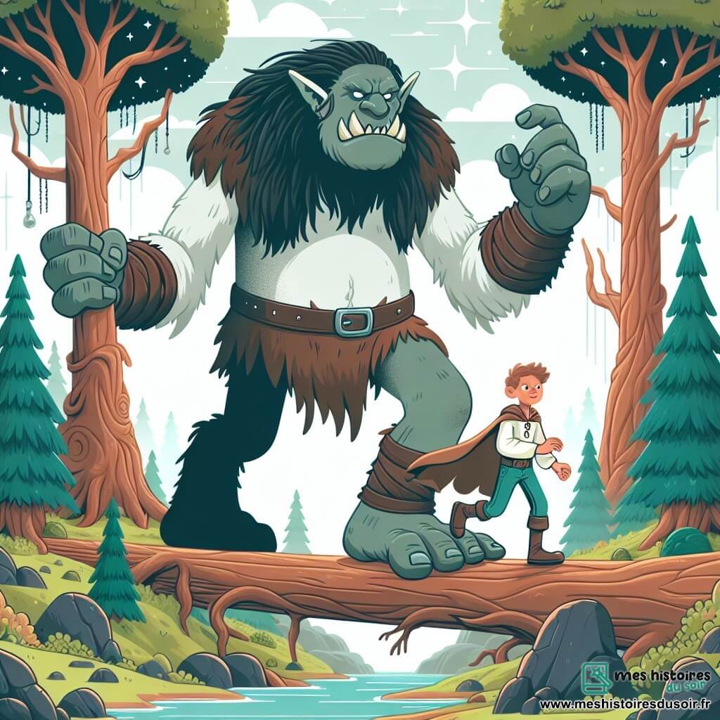 Une illustration destinée aux enfants représentant un grand troll aux crocs acérés, faisant équipe avec un jeune garçon courageux, explorant un paysage féerique parsemé d'arbres gigantesques et de cascades étincelantes dans un monde magique.