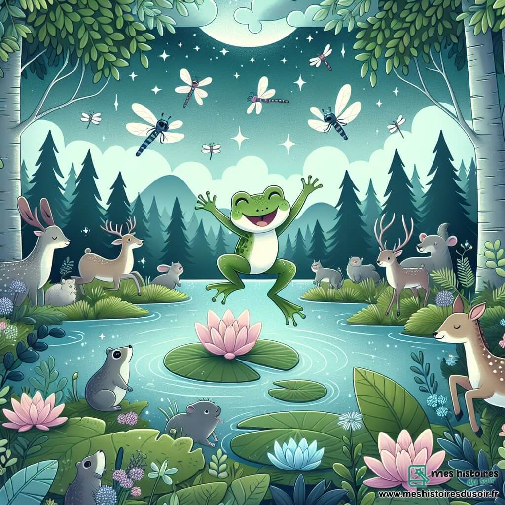 Une illustration destinée aux enfants représentant une petite grenouille rêveuse, entourée d'animaux de la forêt, sautant joyeusement près d'un étang scintillant entouré de nénuphars et de libellules, dans une vaste forêt verdoyante et mystérieuse.