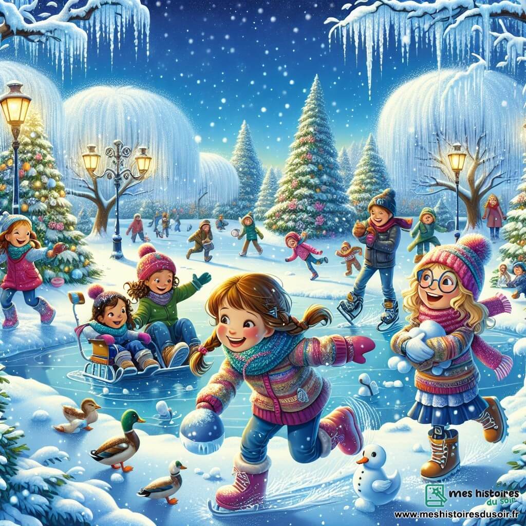 Illustration d'un parc d'hiver féérique, où la neige recouvre le sol comme un manteau blanc. Des arbres majestueux, ornés de cristaux de glace, entourent un petit lac gelé où des enfants s'amusent. Au premier plan, cinq filles de 8 à 10 ans sont en pleine bataille de boules de neige. L'une d'elles, avec des cheveux bruns, rit en lançant une boule. Une autre, avec des cheveux blonds et un bonnet rose, esquive une boule en souriant. Une troisième, avec des cheveux frisés, ramasse de la neige. La quatrième, avec des lunettes, glisse sur la glace, tandis que la dernière, avec une prothèse à la jambe, rit en s'amusant. La scène est joyeuse, avec des flocons de neige tombant. Des canards s'approchent du lac, ajoutant de la vie à l'illustration. En arrière-plan, des familles et d'autres enfants participent à la fête, créant une atmosphère de bonheur hivernal.