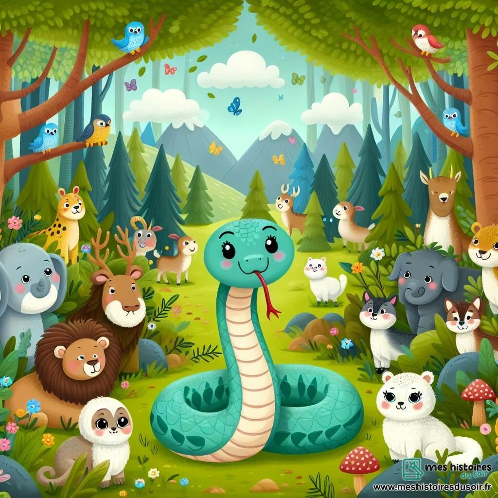 Une illustration destinée aux enfants représentant un serpent curieux se retrouvant entouré d'animaux joyeux dans une forêt enchantée aux arbres majestueux et aux couleurs chatoyantes.