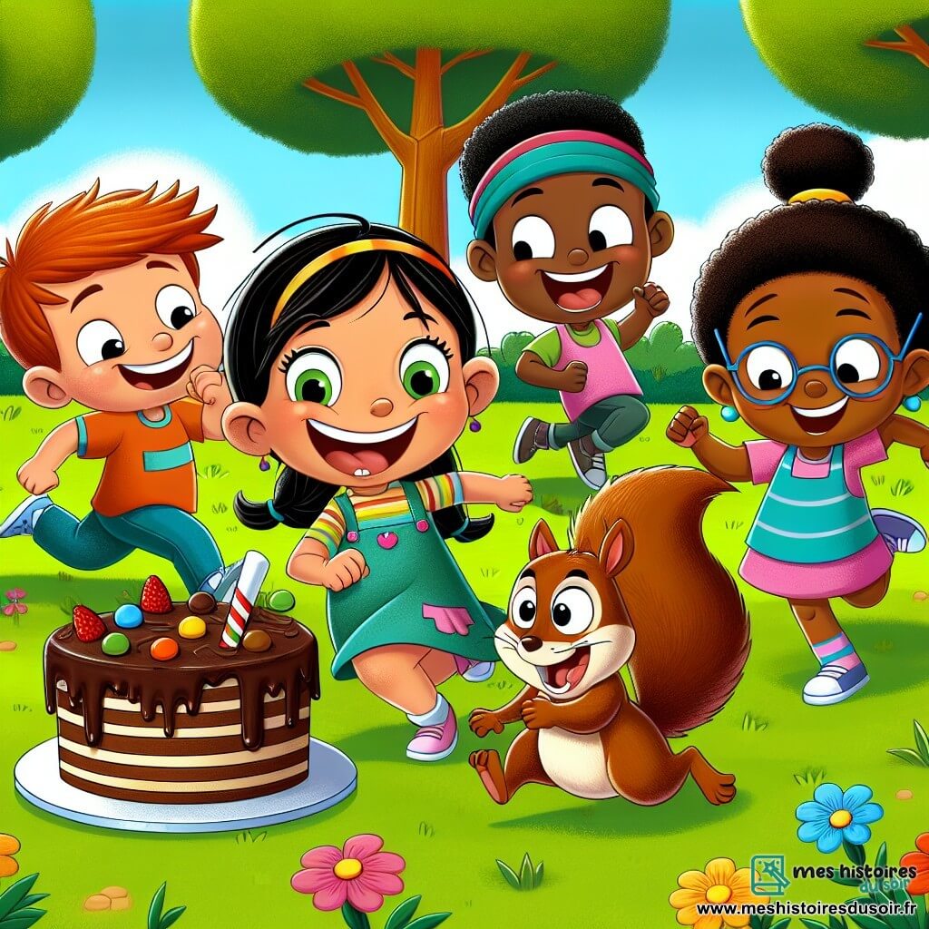 Une illustration destinée aux enfants représentant une petite fille espiègle et ses copains rigolos poursuivant un écureuil chapardeur pour récupérer un gâteau au chocolat, dans un parc ensoleillé avec des arbres verdoyants et des fleurs multicolores.