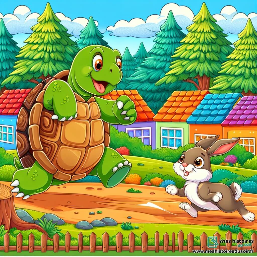 Une illustration destinée aux enfants représentant une tortue malicieuse et pleine d'énergie, défiant un lièvre prétentieux lors d'une course palpitante dans un village forestier aux maisons colorées et aux arbres majestueux.