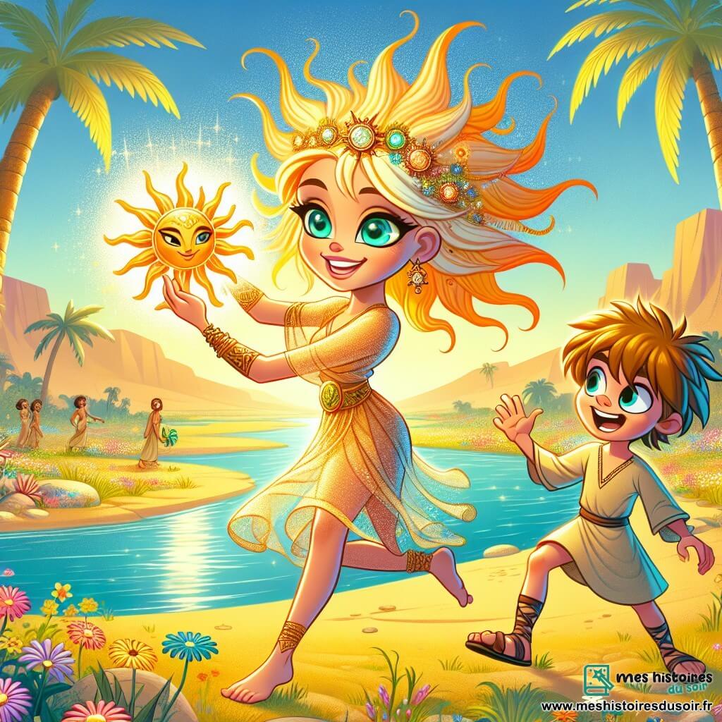 Illustration d'une scène magique au bord du fleuve du Nil, où l'eau scintille sous le soleil. En arrière-plan, des palmiers se balancent dans une brise légère, et des fleurs colorées embellissent la rive. Au premier plan, une jeune femme pétillante, aux cheveux brillants, tient une amulette en forme de soleil. Ses yeux turquoise brillent d'excitation alors qu'elle concentre son énergie magique pour repousser une tempête. Elle porte une robe dorée qui danse autour d'elle. À ses côtés, un garçon espiègle d'une dizaine d'années, avec un sourire malicieux, l'encourage. La jeune femme lève l'amulette vers le ciel, des rayons de lumière éclatants jaillissent autour d'elle, tandis que des nuages sombres se dissipent. La magie illumine la scène, créant une atmosphère de mystère et d'espoir, tandis que le village s'éveille, émerveillé par le spectacle.