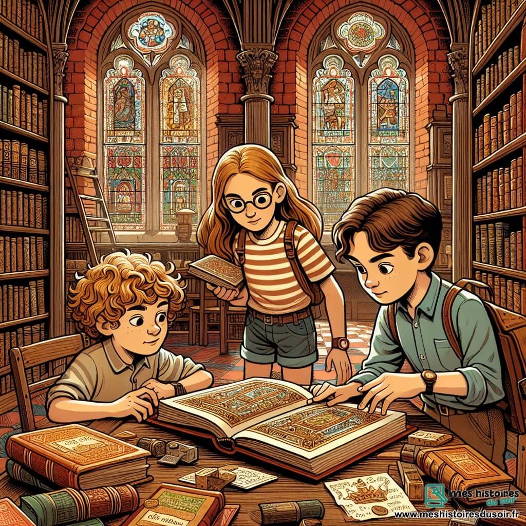 Une illustration sous forme de dessin destinée aux enfants représentant l'intérieur d'une vieille bibliothèque aux murs de briques rouges, avec des rayonnages remplis de livres anciens et des vitraux colorés, où une fille de 11 ans aux cheveux châtains et aux lunettes, vêtue d'un t-shirt à rayures et d'un short, feuillette un livre mystérieux avec des illustrations de trésors, tandis qu'à ses côtés, deux amis, un garçon aux cheveux bouclés et une fille aux cheveux blonds, regardent avec curiosité un vieux livre ouvert sur une table en bois, tous trois captivés par une énigme qui pourrait les mener à un trésor caché.