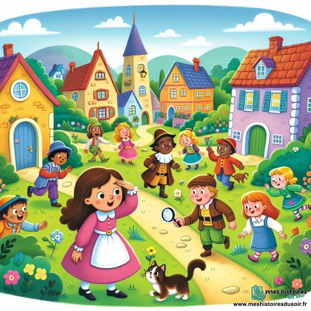 Une illustration destinée aux enfants représentant une petite fille courageuse, accompagnée de ses amis, en train de résoudre le mystère de la disparition d'un chat, dans un village pittoresque avec des maisons colorées et un jardin verdoyant.
