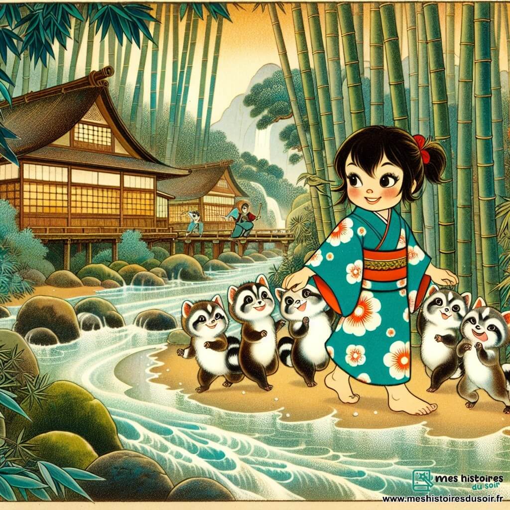 Une illustration destinée aux enfants représentant une jeune femme douce et courageuse, accompagnée de tanukis dansant joyeusement, au bord d'une rivière scintillante, dans un village japonais entouré de bambous mystérieux.