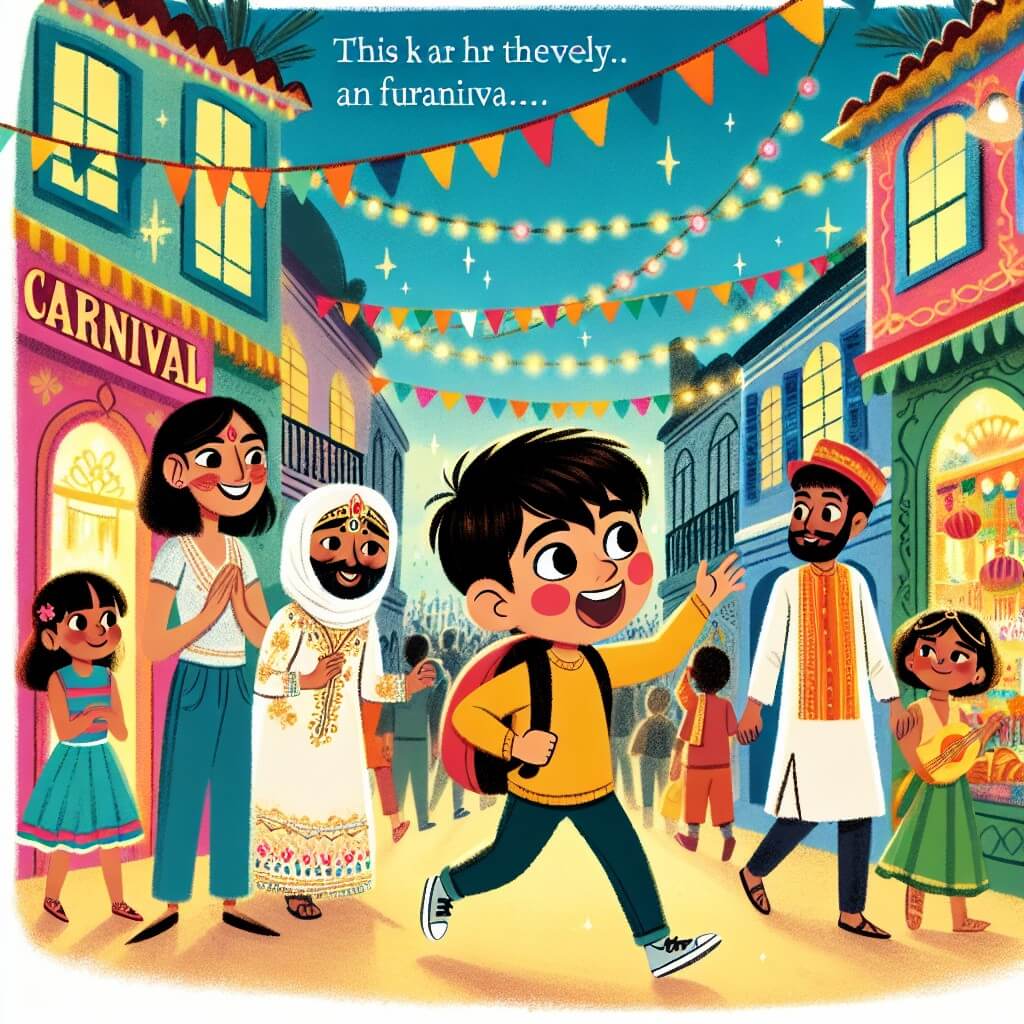 Une illustration destinée aux enfants représentant un jeune garçon intrépide, plongé au cœur d'un mystère entourant le carnaval, accompagné de ses amis, dans une petite ville joyeuse et colorée, où les rues sont décorées de guirlandes chatoyantes et les commerces rivalisent de créativité pour attirer l'attention.