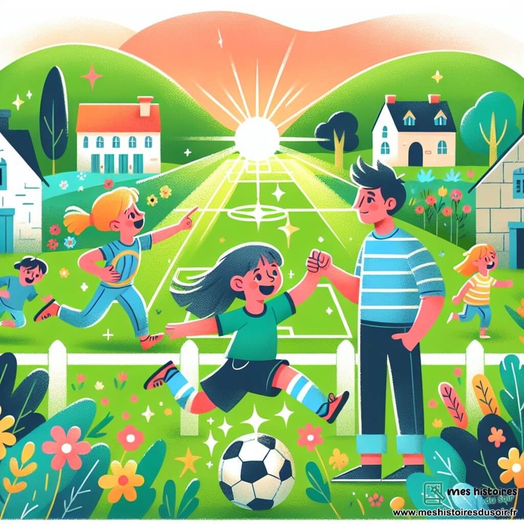 Une illustration destinée aux enfants représentant une petite fille passionnée par le football, brillant sur le terrain avec ses amis, accompagnée de son père bienveillant, dans un petit village au cœur de la campagne, rempli de fleurs colorées et de maisons en pierre.