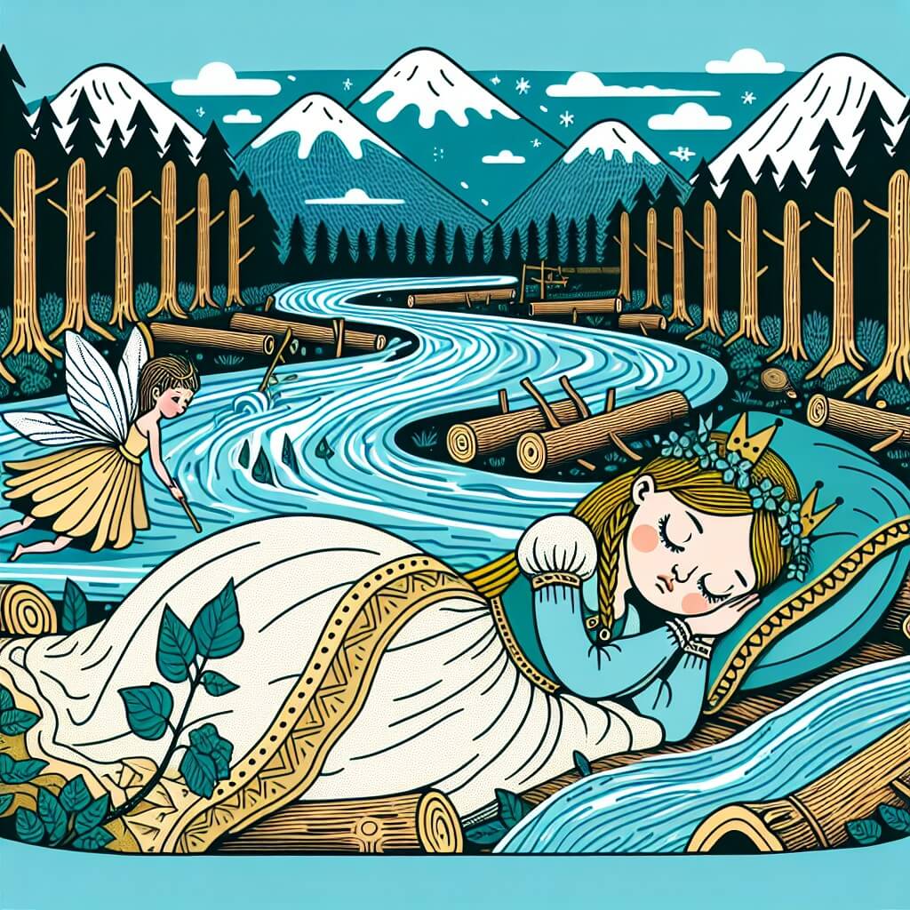 Une illustration destinée aux enfants représentant une jeune princesse endormie dans une forêt enchantée, accompagnée d'une fée gardienne de la nature, dans un royaume où les rivières polluées se mêlent à des plaines arides et des forêts silencieuses aux arbres abattus.