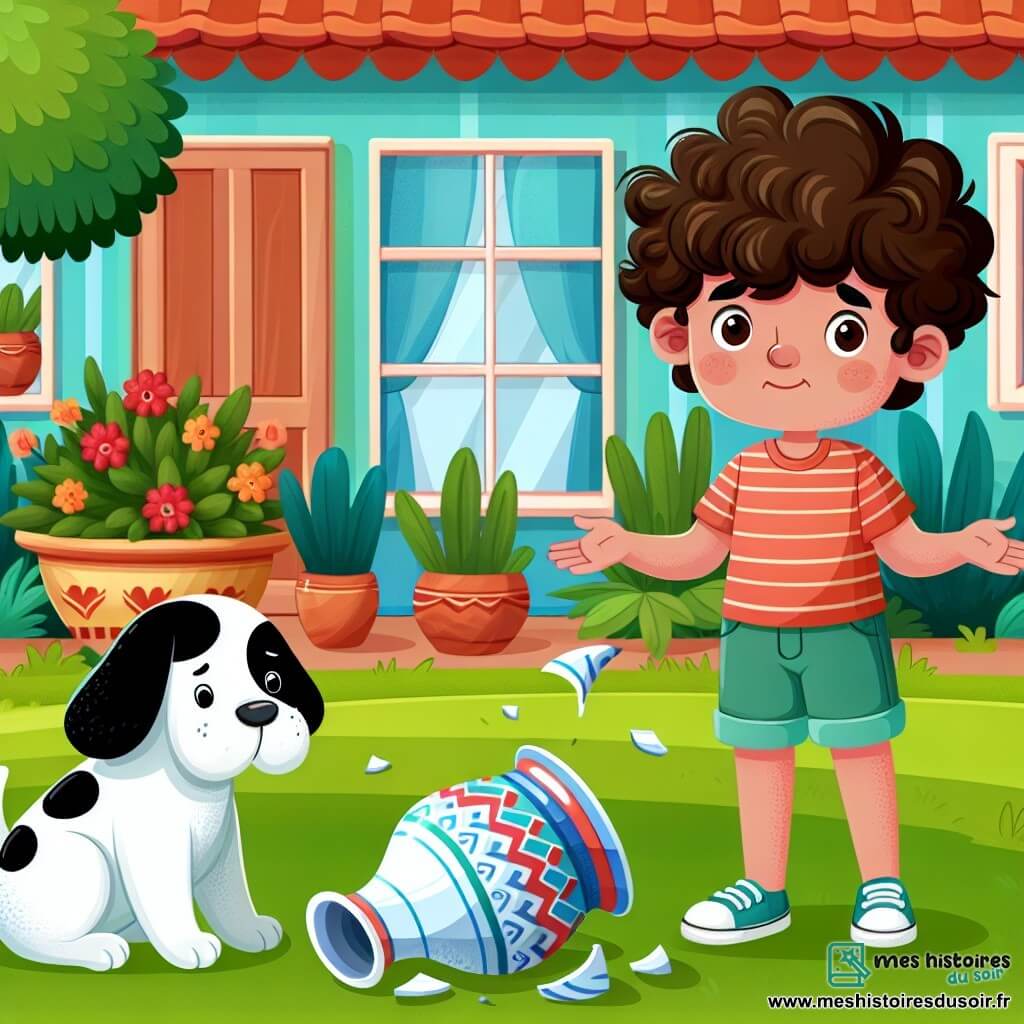 Une illustration destinée aux enfants représentant un petit garçon aux cheveux bruns bouclés se trouvant dans un jardin luxuriant, accompagné de son chien blanc tacheté, se questionnant sur un vase brisé, dans une maison chaleureuse aux murs colorés et aux meubles en bois.