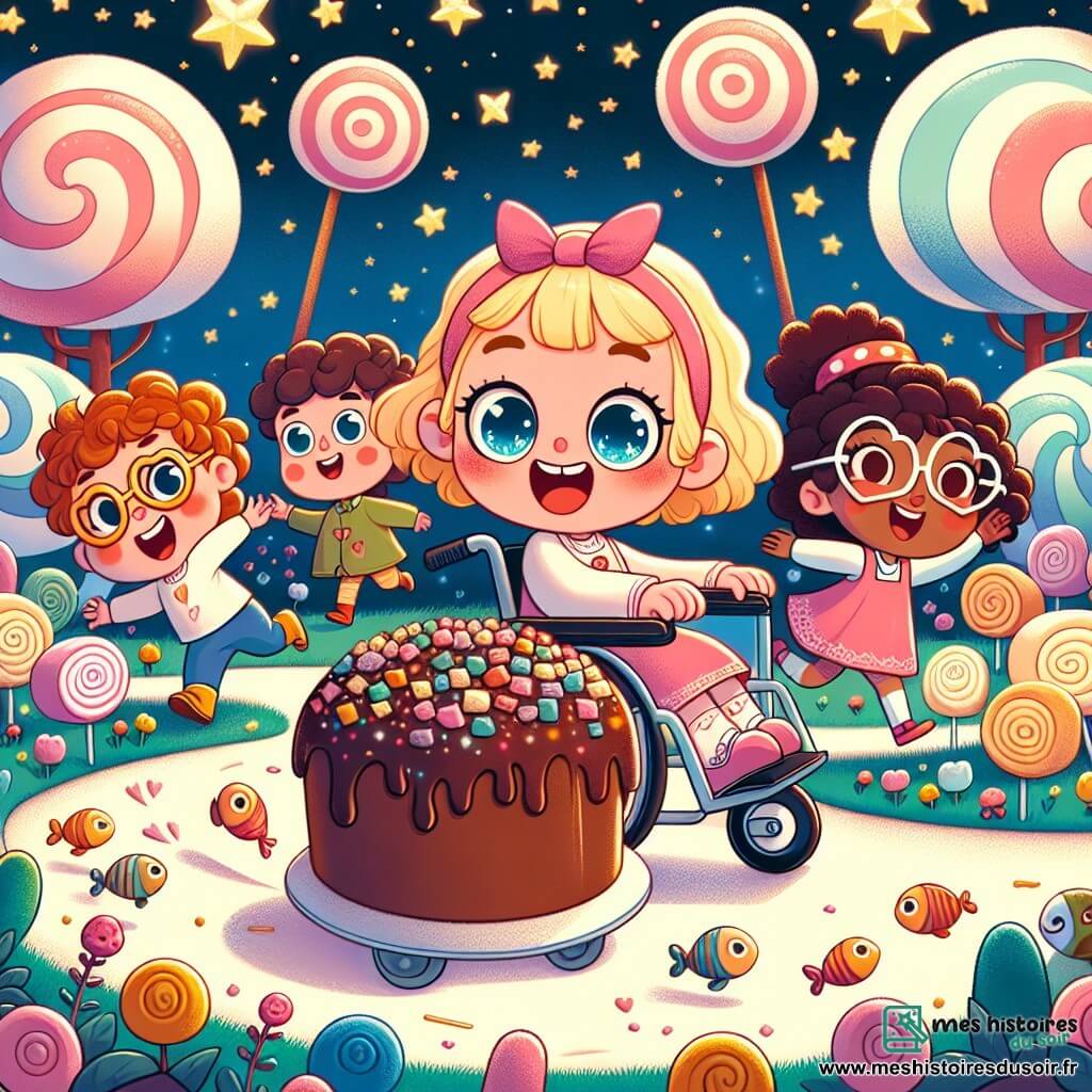 Une illustration sous forme de dessin destinée aux enfants représentant un jardin magique rempli d'arbres en guimauve et de fleurs en bonbons, où un groupe d'enfants de 5 ans, avec des cheveux bouclés et des lunettes en forme de cœur, rit joyeusement en courant après un gros gâteau au chocolat qui roule, tandis qu'une petite fille en fauteuil roulant, avec des cheveux blonds et des yeux pétillants, pousse son fauteuil avec détermination pour attraper le gâteau, le tout sous un ciel étoilé illuminé par des lanternes en forme de poissons.