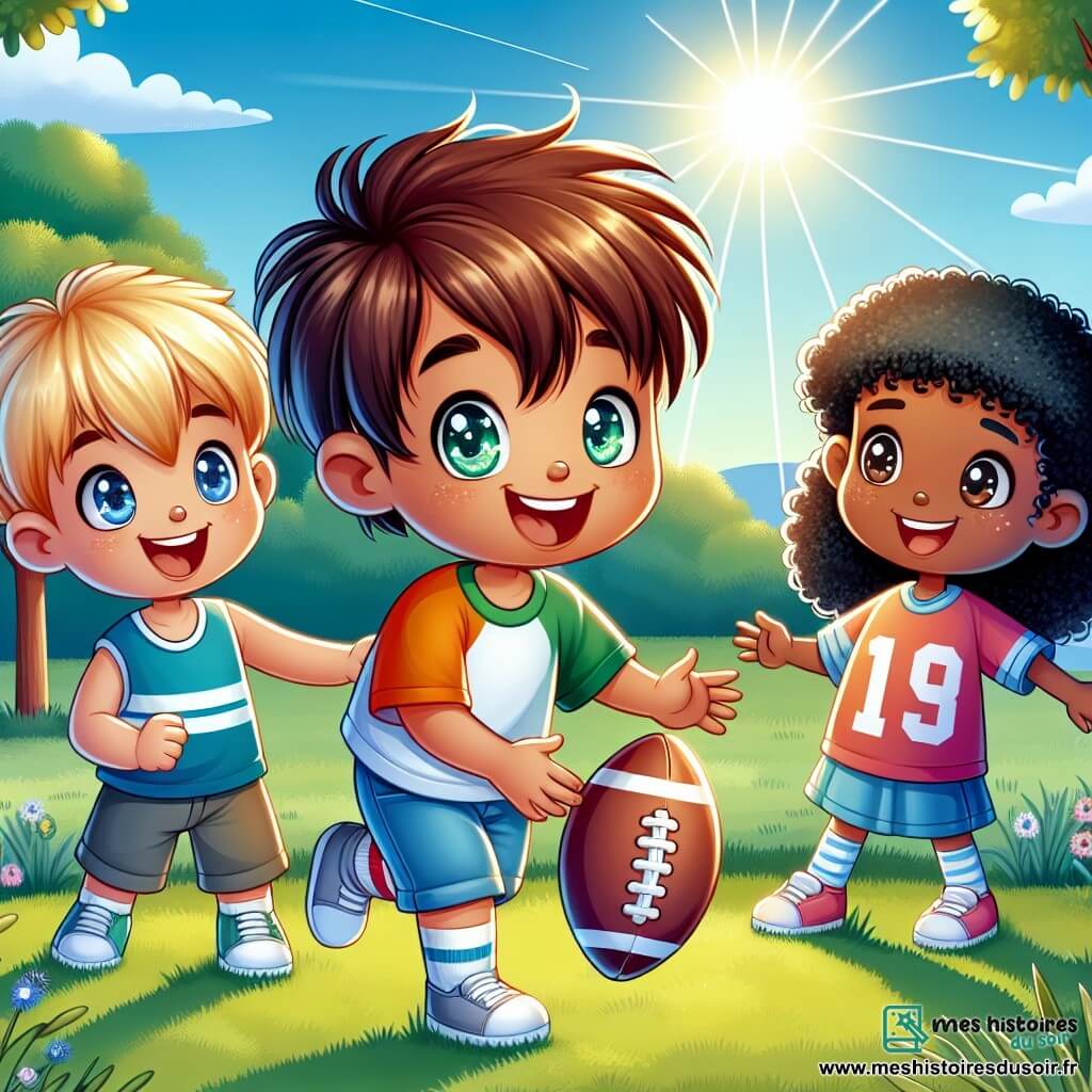 Une illustration sous forme de dessin destinée aux enfants représentant un parc verdoyant ensoleillé, où un garçon de 9 ans aux cheveux châtains et aux yeux pétillants, vêtu d'un t-shirt coloré, joue au football avec enthousiasme, tandis qu'un garçon blond aux yeux bleus, vêtu d'un maillot de sport, l'encourage avec un grand sourire, et une fille aux cheveux noirs bouclés, d'origine hispanique, les observe avec un air timide, illustrant ainsi le moment clé où ils surmontent leurs différences pour s'amuser ensemble, symbolisant l'acceptation et l'amitié au-delà des origines.