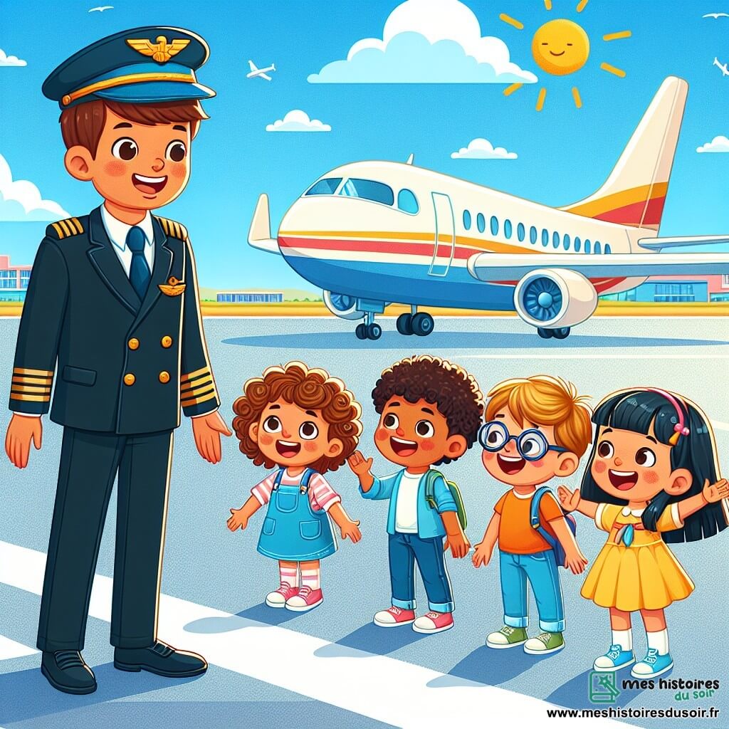 Une illustration sous forme de dessin destinée aux enfants représentant un aéroport ensoleillé avec un avion coloré stationné sur la piste, un homme joyeux portant une casquette bleue et un uniforme de pilote, souriant tout en montrant les différentes parties de l'avion à trois enfants : une fille aux cheveux bruns et bouclés, émerveillée, un garçon aux lunettes et aux cheveux blonds, curieux, et une autre fille aux cheveux raides et noirs, riant de joie, alors qu'ils s'apprêtent à vivre une aventure inoubliable dans le ciel.