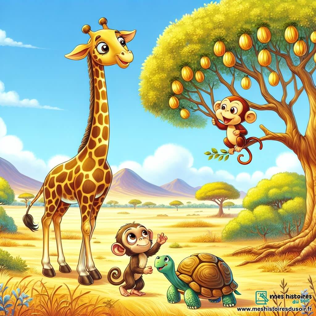 Une illustration sous forme de dessin destinée aux enfants représentant une vaste savane dorée sous un ciel bleu éclatant, où une girafe aux grands yeux pétillants et au long cou gracieux se tient debout, émerveillée devant un majestueux arbre aux fruits dorés, tandis qu'un singe espiègle aux poils bruns se balance joyeusement d'une branche à l'autre et une tortue à la carapace verte et brillante avance lentement sur le sol, tous trois partageant un moment de découverte et d'amitié au cœur de leur grande aventure.