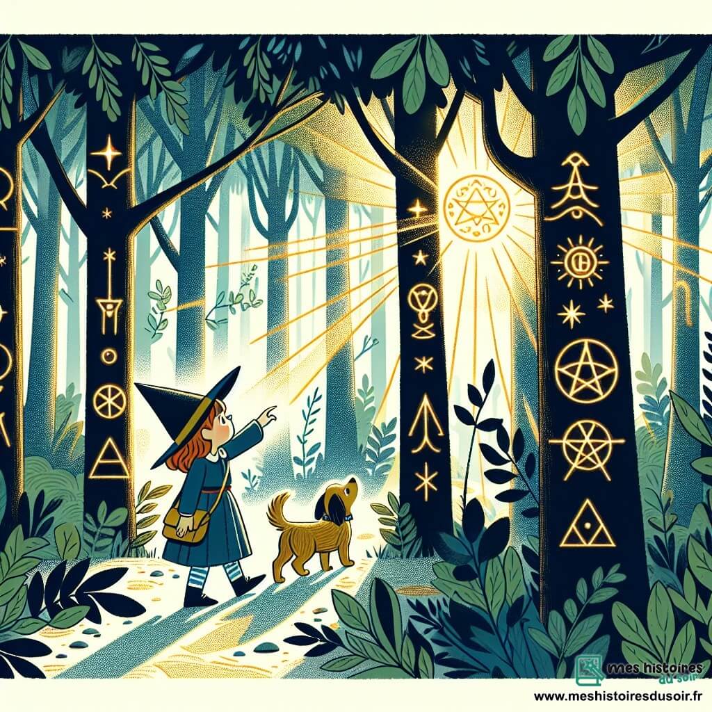 Une illustration destinée aux enfants représentant une jeune apprentie sorcière, accompagnée de son fidèle chien, découvrant des symboles lumineux gravés sur les arbres d'une forêt mystérieuse et dense, où les rayons du soleil filtrent à travers les feuilles pour créer un jeu de lumière féerique.