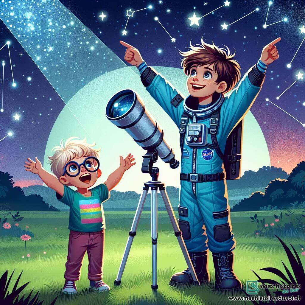 Illustration destinée aux enfants représentant un jeune homme aux cheveux bruns et ébouriffés, portant une combinaison d'astronaute bleue, debout sur un champ verdoyant sous un ciel étoilé, tenant un télescope. À ses côtés, un petit garçon aux lunettes épaisses et aux cheveux blonds, vêtu d'un t-shirt coloré, lève les bras avec enthousiasme en pointant vers les étoiles. La scène capture l'émerveillement et l'excitation de l'observation des étoiles, avec des constellations brillantes scintillant au-dessus d'eux, et une grande silhouette de vaisseau spatial en arrière-plan, symbolisant leurs rêves d'exploration.