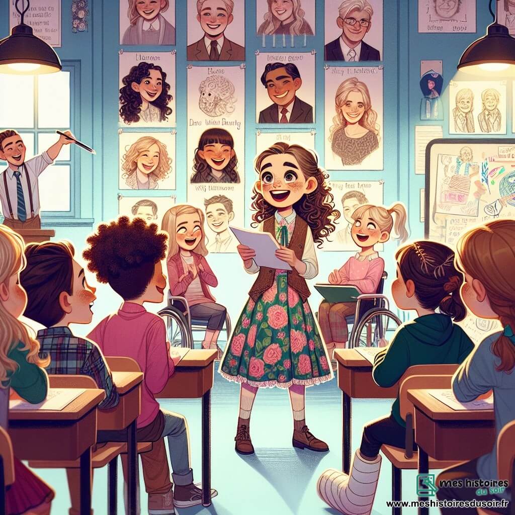Une illustration sous forme de dessin destinée aux enfants représentant une salle de classe lumineuse et colorée, avec des murs ornés de dessins et d'affiches sur l'inclusion, où une fille de 12 ans aux cheveux bruns bouclés et aux yeux pétillants, vêtue d'une robe à fleurs, se tient debout avec un sourire enthousiaste, expliquant un projet à ses camarades ; parmi eux, un garçon blond aux yeux vifs, riant et encourageant, et une fille avec une jambe dans le plâtre, écoutant attentivement et prenant des notes, tandis qu'une toile de fond de portraits inspirants de personnes vivant avec un handicap est accrochée au mur, illustrant les talents et les réussites de chacun.