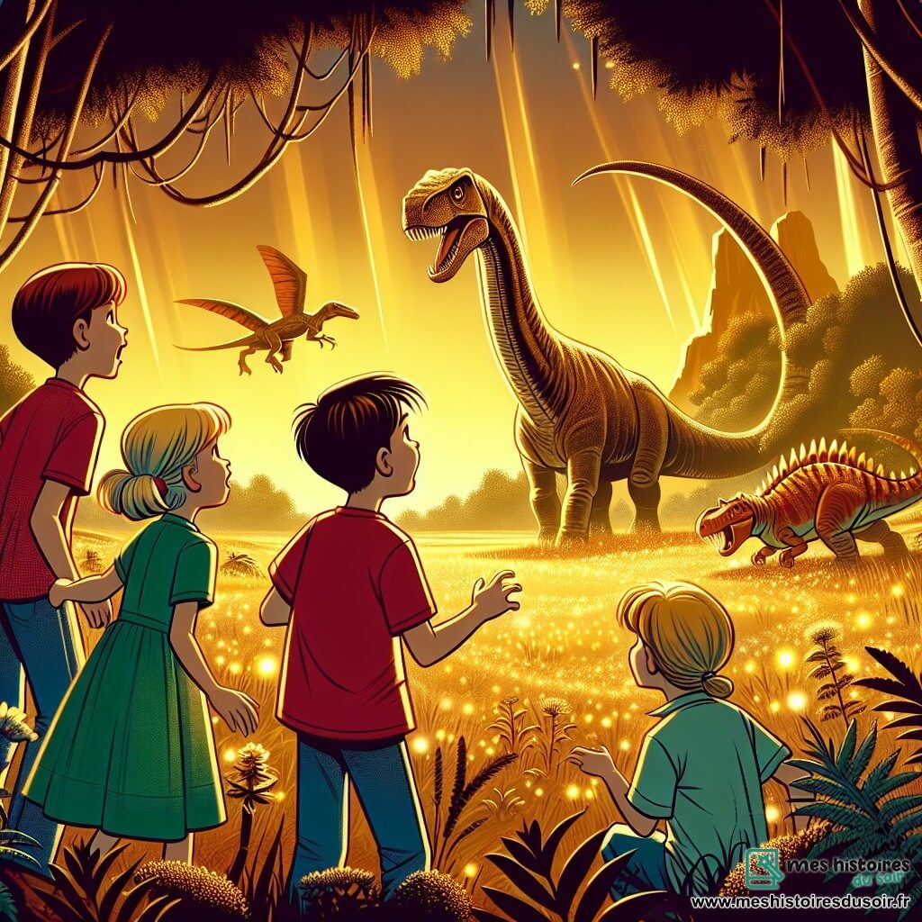Une illustration sous forme de dessin destinée aux enfants représentant une clairière préhistorique baignée de lumière dorée, où un groupe de quatre enfants de 9 ans (deux garçons aux cheveux bruns et courts, l'un portant un t-shirt rouge et l'autre un t-shirt bleu, et deux filles aux cheveux blonds et longs, l'une en robe verte et l'autre en t-shirt rose) se tiennent émerveillés devant un énorme brachiosaure qui se penche vers eux, tandis qu'un tyrannosaure rugit au loin, créant une atmosphère à la fois magique et palpitante, symbolisant leur incroyable voyage dans le temps.