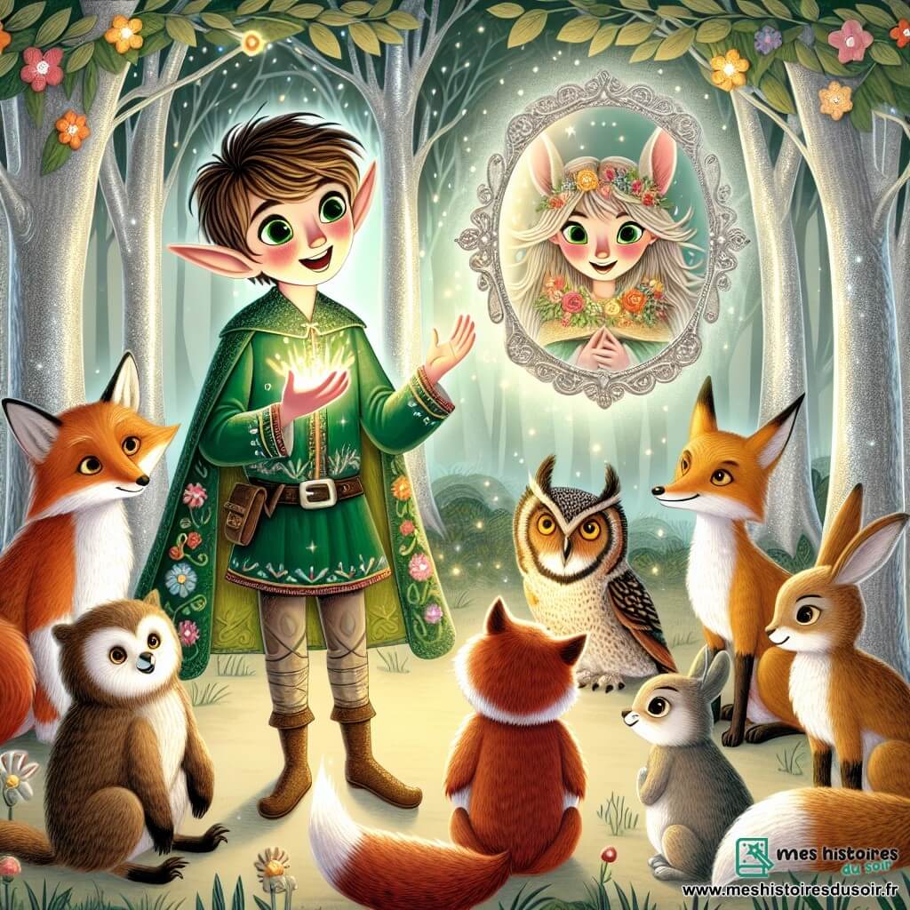 Une illustration sous forme de dessin destinée aux enfants représentant une forêt enchantée aux arbres aux troncs argentés et aux feuilles scintillantes, où un jeune elfe aux grands yeux brillants et aux oreilles pointues, vêtu d'une tunique verte ornée de fleurs colorées, se tient au centre en train de raconter des histoires à un groupe d'animaux fantastiques, dont un renard rusé à la fourrure flamboyante, une chouette sage aux plumes dorées, et un lapin espiègle aux grandes oreilles, tous captivés par ses mots, tandis qu'une lumière douce émane d'un miroir flottant en arrière-plan, symbolisant la magie et la découverte de soi.