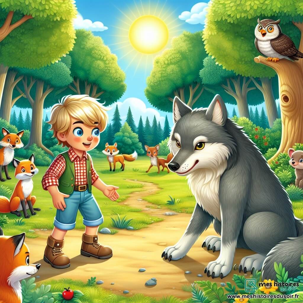 Une illustration sous forme de dessin destinée aux enfants représentant une clairière ensoleillée au cœur d'une forêt verdoyante, où un garçon de 9 ans aux cheveux blonds et aux yeux bleu ciel, vêtu d'une chemise à carreaux et d'un short, se tient courageusement face à un grand méchant loup à la fourrure grise, qui le regarde avec un air surpris, tandis qu'un groupe d'animaux de la forêt, tels qu'un renard rusé et un hibou sage, observe la scène avec curiosité, illustrant le moment où le garçon défie le loup pour protéger son village.