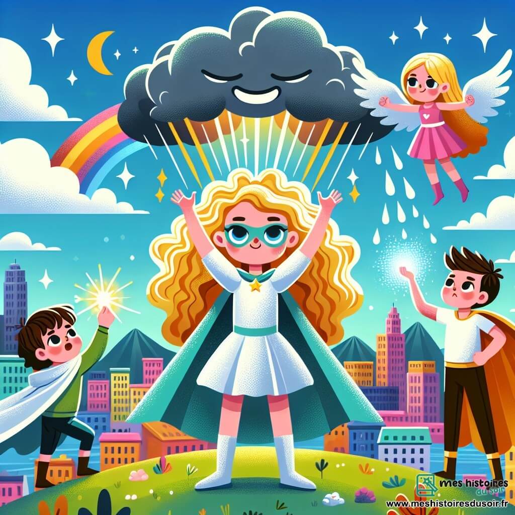 Une illustration sous forme de dessin destinée aux enfants représentant une colline surplombant une ville colorée, où une jeune fille aux cheveux bouclés et dorés, vêtue d'une cape scintillante, lève les bras vers le ciel en concentrant sa lumière pour combattre un nuage sombre menaçant, tandis qu'à ses côtés, un garçon aux cheveux bruns se transforme en aigle, et une fille aux cheveux roses invoque des gouttes de pluie lumineuses, créant un arc-en-ciel éclatant dans un ciel azur, symbolisant l'union et le courage des jeunes super-héros.