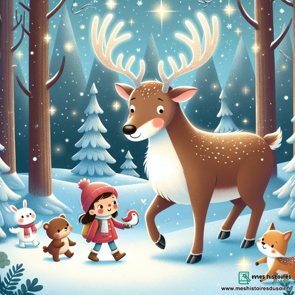 Une illustration destinée aux enfants représentant un renne au grand bois brillant, venant en aide à une petite fille perdue, accompagné de ses amis animaux, dans une forêt enneigée aux arbres couverts de neige scintillante.