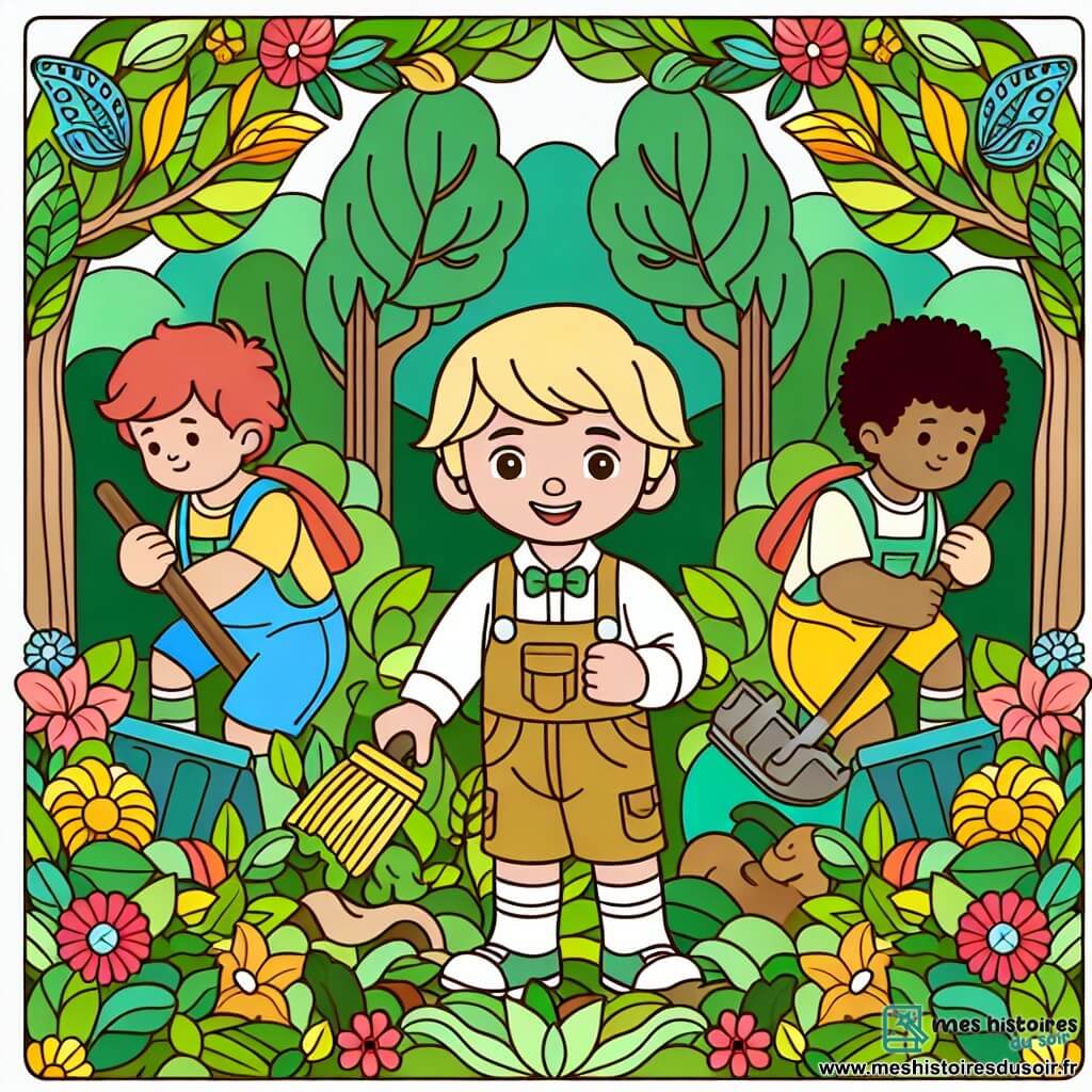 Une illustration destinée aux enfants représentant un petit garçon curieux et plein d'énergie, accompagné de ses amis, nettoyant une forêt verdoyante bordée d'arbres majestueux et de fleurs colorées.