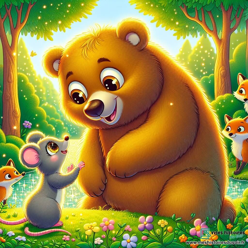 Une illustration sous forme de dessin destinée aux enfants représentant une forêt verdoyante baignée de lumière dorée, avec une ourse au pelage doré, aux grands yeux doux et au sourire chaleureux, se penchant avec tendresse vers une petite souris grise aux yeux pétillants, alors qu'elles se tiennent près d'un lac scintillant, entourées de fleurs colorées, tandis que des renards curieux les observent de loin, capturant l'instant où l'ourse promet d'aider la souris à retrouver sa famille.