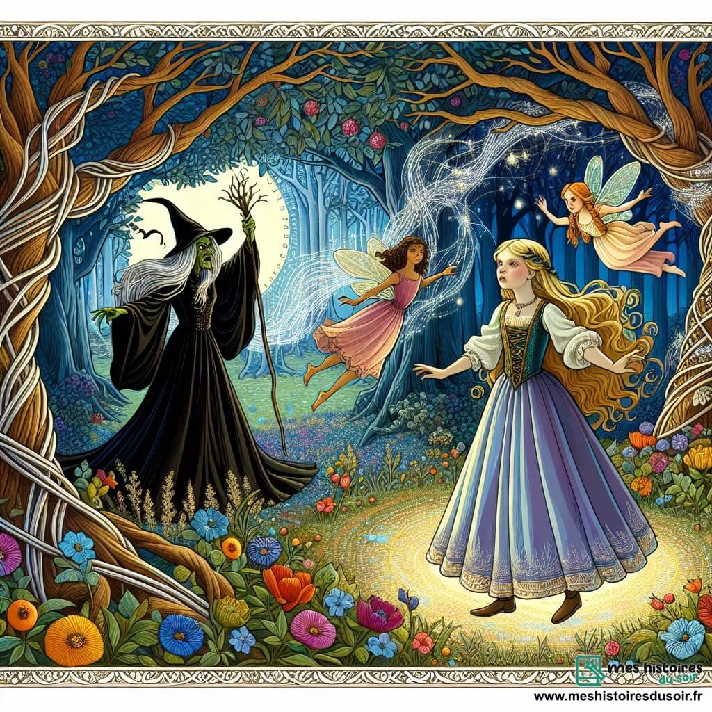 Une illustration destinée aux enfants représentant une jeune femme courageuse se tenant face à une sorcière maléfique dans une clairière enchantée, entourée d'arbres aux branches tissées de fils d'argent et d'or, des fleurs aux couleurs éclatantes illuminant le sol, une fée élégante flottant dans les airs et un vieil arbre sage qui révèle un secret, le tout se déroulant dans un monde des mythes et des légendes.