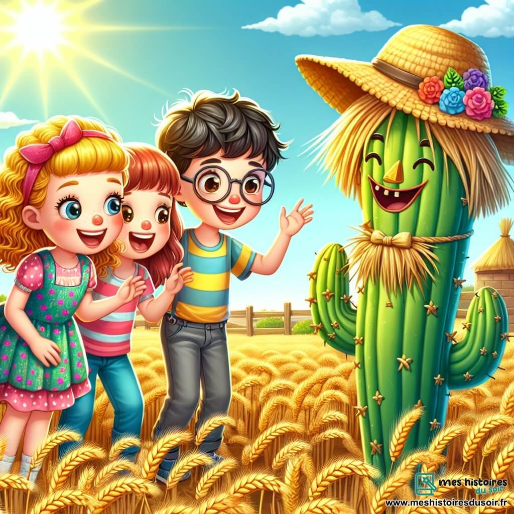 Une illustration sous forme de dessin destinée aux enfants représentant un champ de blé doré sous un ciel ensoleillé, où un groupe de trois enfants de 11 ans, deux filles aux cheveux bouclés et brillants, l'une en robe colorée et l'autre en t-shirt rayé, ainsi qu'un garçon aux lunettes rondes et à la casquette, se tiennent autour d'un cactus souriant, tentant de le faire rire avec des grimaces et des blagues, tandis qu'un épouvantail amusant avec un grand chapeau et un sourire espiègle les observe, créant une atmosphère joyeuse et ludique pleine de magie et d'humour.