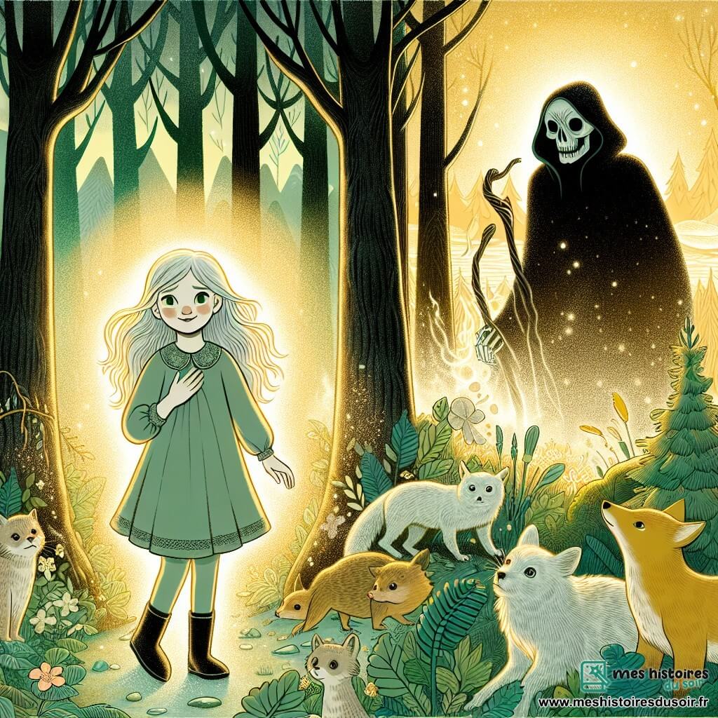 Une illustration destinée aux enfants représentant une jeune fille au teint aussi clair que la neige, confrontée à un sinistre pollueur, accompagnée d'animaux de la forêt, dans une clairière verdoyante baignée de lumière dorée.