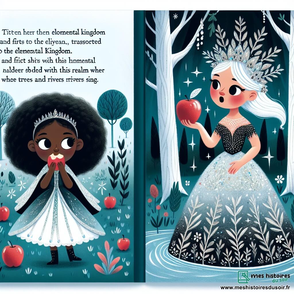 Une illustration destinée aux enfants représentant une jeune fille aux cheveux aussi noirs que l'ébène, se retrouvant transportée dans le Royaume des Éléments après avoir croqué une pomme magique, accompagnée de la Reine Élémentale vêtue de robes scintillantes et couronnée de branches d'argent, où les arbres parlent et les rivières chantent.