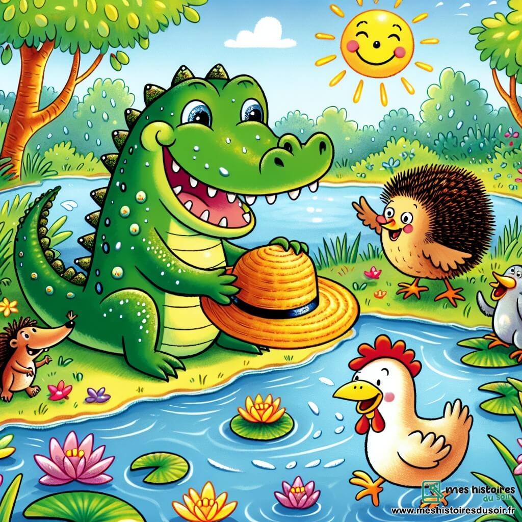 Une illustration sous forme de dessin destinée aux enfants représentant une scène ensoleillée au bord d'un étang dans une grande forêt verte, où un crocodile souriant avec des écailles vertes et des yeux pétillants tient un chapeau en paille dans ses pattes, tandis qu'un hérisson aux piquants bruns et une poule aux plumes blanches et rouges l'observent avec curiosité, tous trois riant ensemble après avoir découvert à qui appartient le chapeau perdu, entourés de nénuphars colorés et de grenouilles sautillant joyeusement.