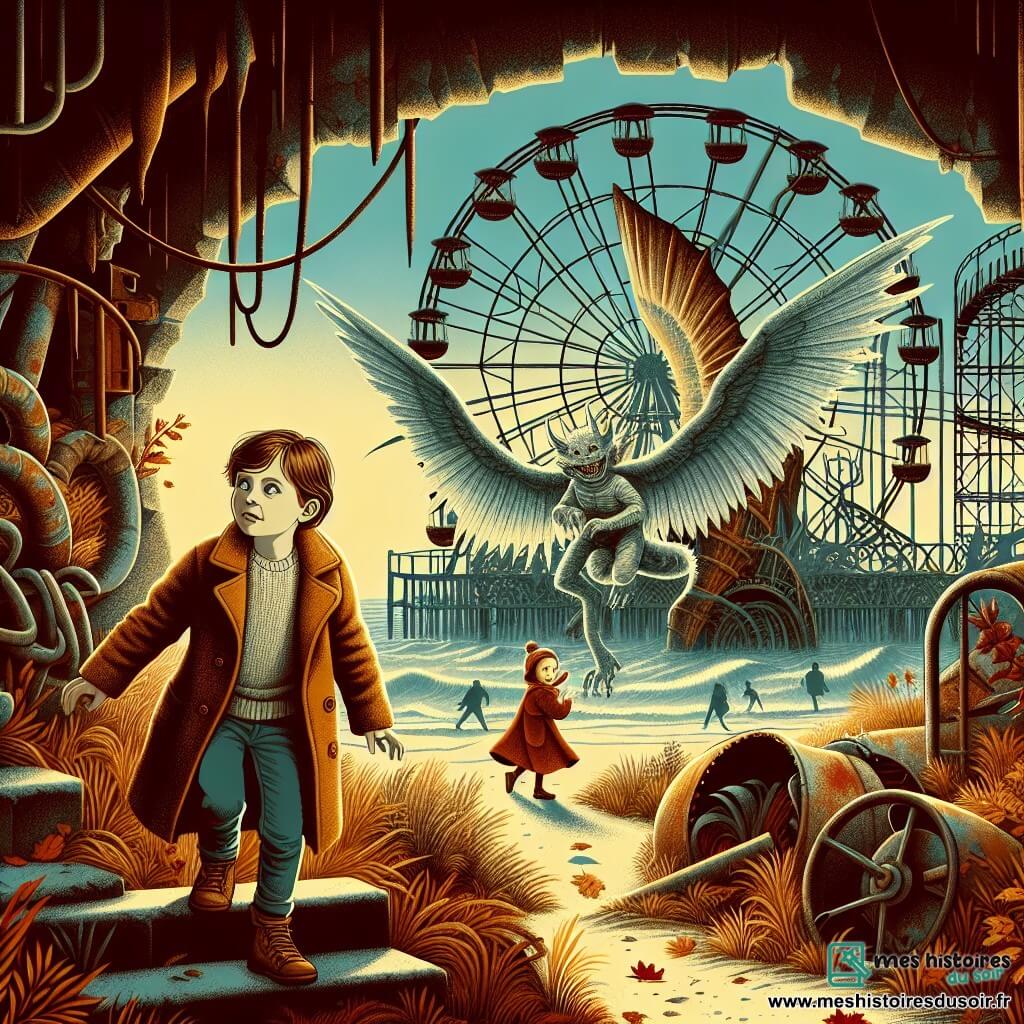 Une illustration sous forme de dessin destinée aux enfants représentant un ancien parc d'attractions abandonné, avec des manèges rouillés et une grande roue décolorée, où une fille de 11 ans aux cheveux châtain clair et aux yeux pétillants de curiosité, portant un manteau d'automne, explore courageusement un passage secret dans un mur fissuré, tandis qu'une créature mi-animal, mi-humaine aux grandes ailes translucides et aux yeux scintillants l'observe avec bienveillance, le vent soulevant doucement les feuilles mortes autour d'eux, créant une atmosphère à la fois mystérieuse et légèrement inquiétante.