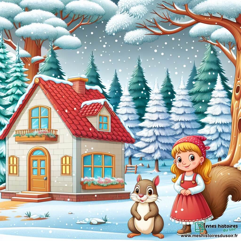 Une illustration destinée aux enfants représentant une fillette vivant dans une petite maison au toit de tuiles rouges, accompagnée d'un écureuil, dans une forêt enneigée aux arbres majestueux chargés de flocons blancs.